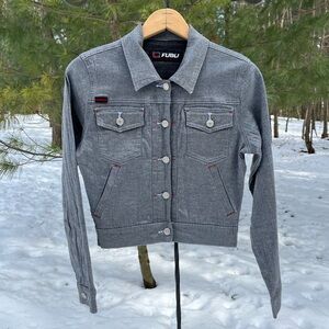 Y2K FUBU Silver Denim Cropped Jacket Stretch Metallic Streetwear Sexy